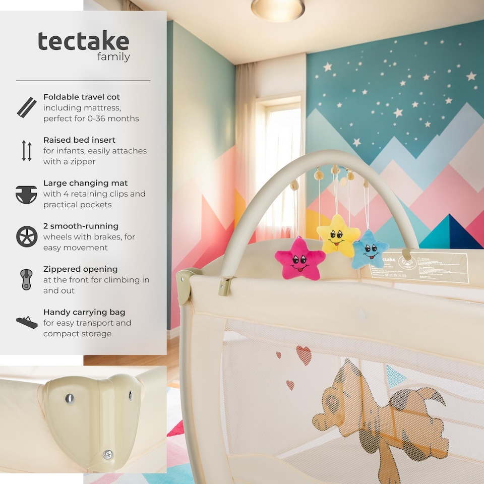 image 1 of Travel Cot Dog - foldable, with changing mat, for children up to 36 months | Cream | beige | 132 x 75 x 104 cm | 1