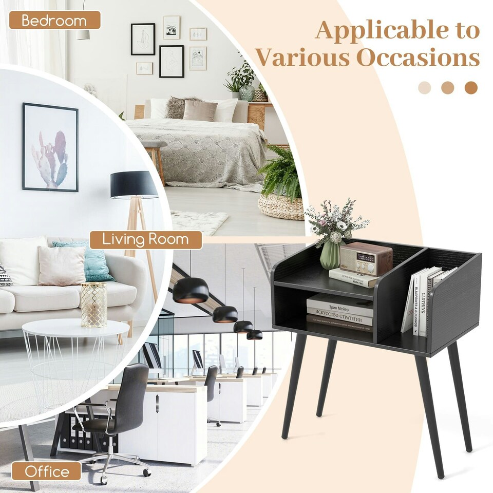 image 1 of COSTWAY Modern Nightstand 2-Tier Bedside Table Black Black