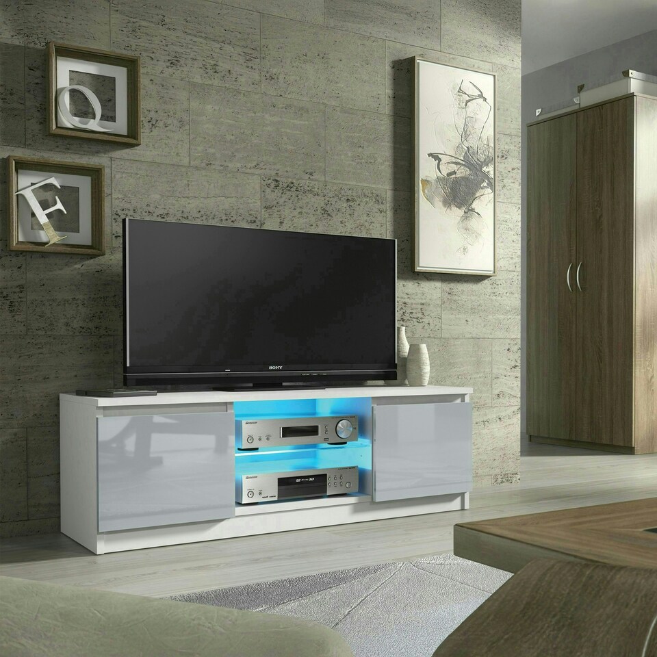 image 1 of TV Unit 120cm Grey Gloss Doors White Matt Body Glass Shelf Free LED White | Grey