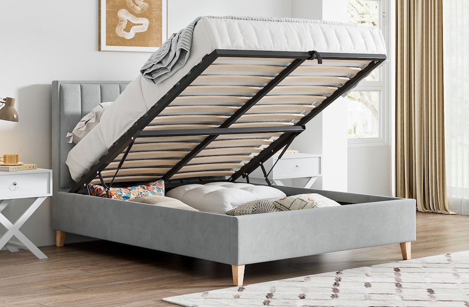 image 1 of 4ft6 Double Ottoman, Grey Velvet Fabric Upholstered,Lift Up,Storage, Pleated Bed Frame