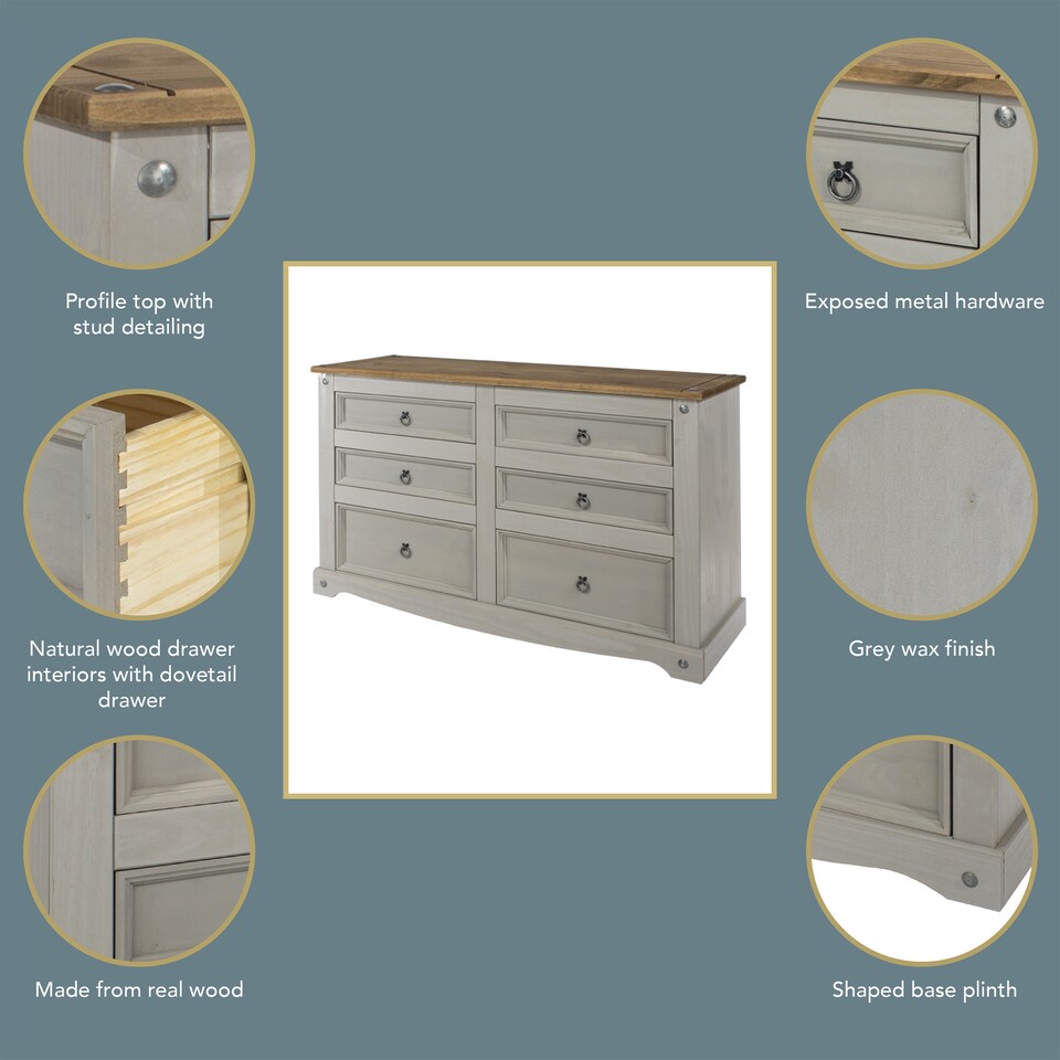 image 1 of Premium Corona 3+3 Drawer Wide Chest of Drawers - Classic Mexican Pine Bedroom Storage Cabinet | Grey | Grey | 1