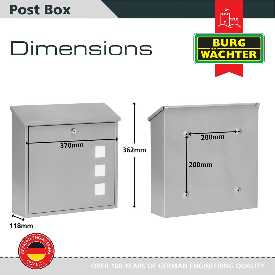 image 1 of Burg-Wachter Aire Wall Mounted Galvanised Steel Lockable Weatherproof Post Box - 37x37x11cm Silver