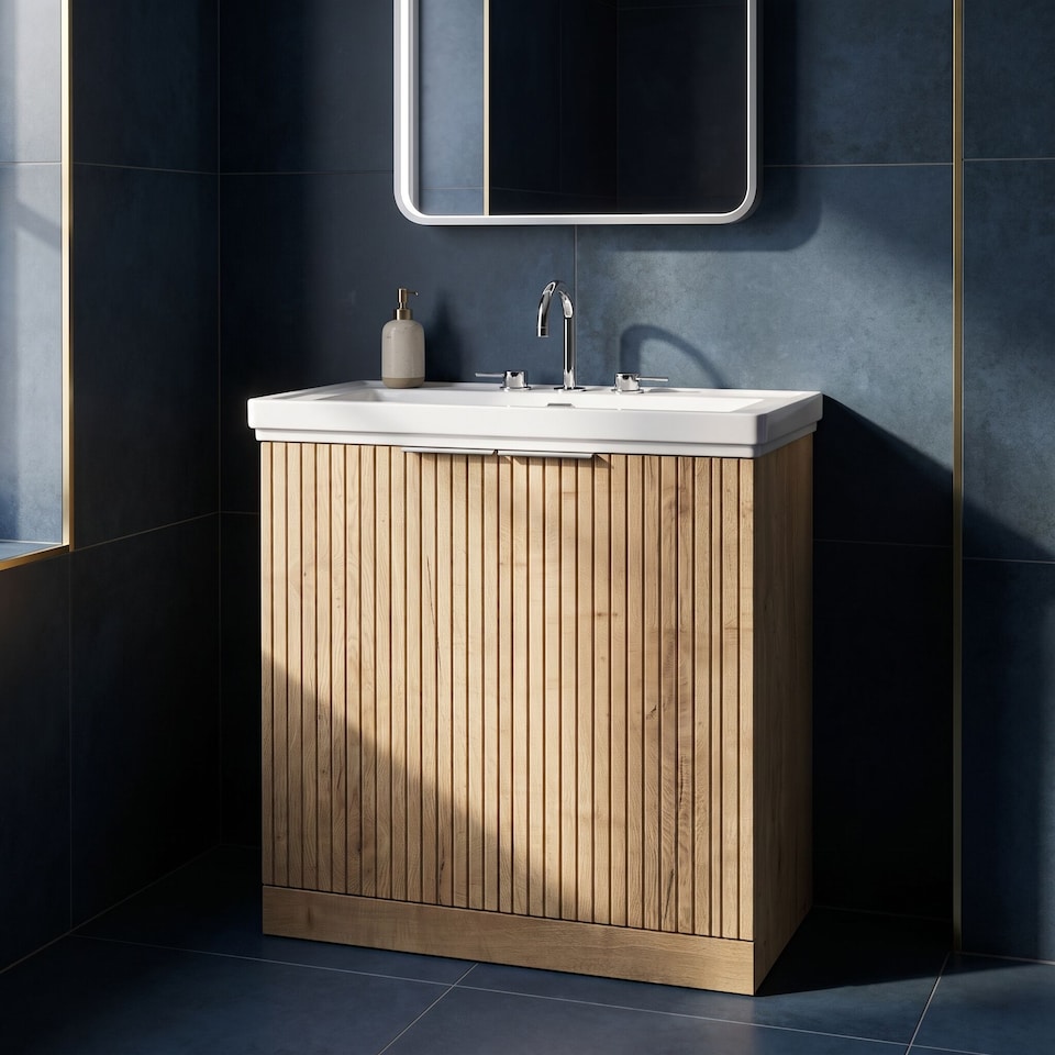 image 1 of Balterley Callingwood Contemporary Floor Standing 2 Door Vanity Unit with Traditional 3 Tap Hole Fireclay Basin , 800mm, Autumn Oak