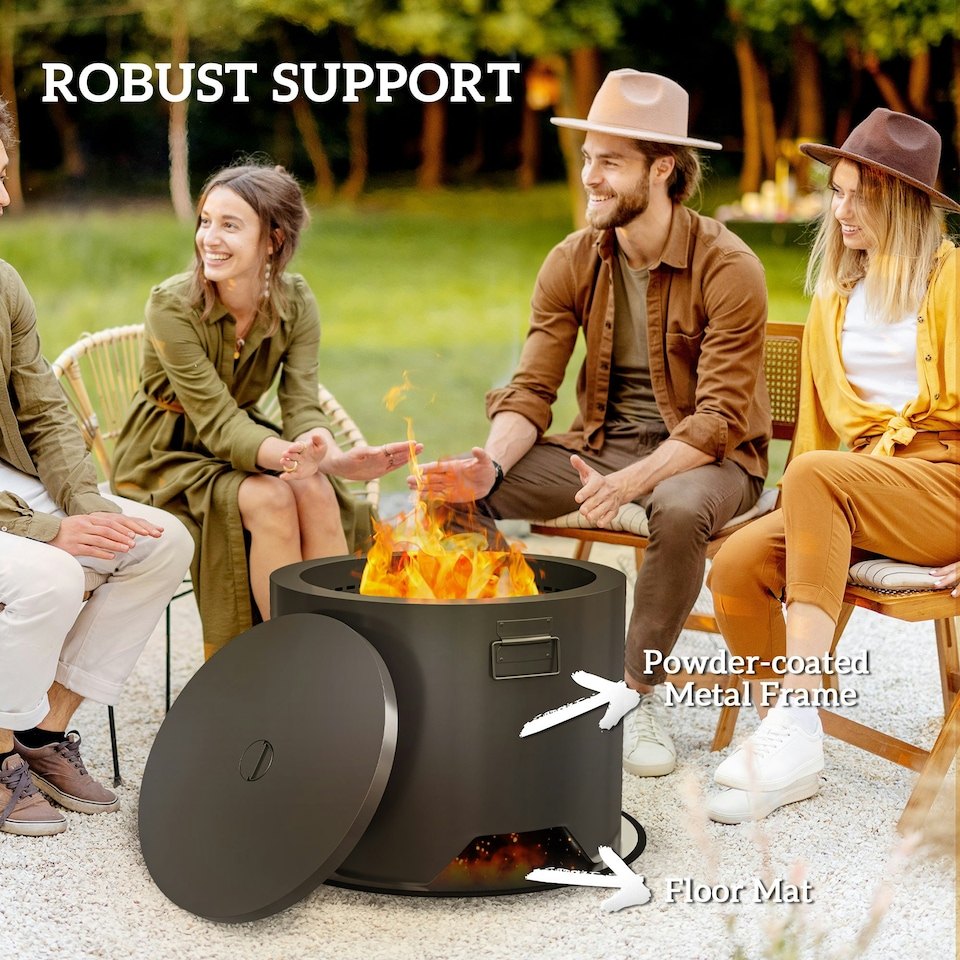 image 1 of Outsunny Outdoor Round Fire Pit with Lid, Firepit with Fire Poker, Black