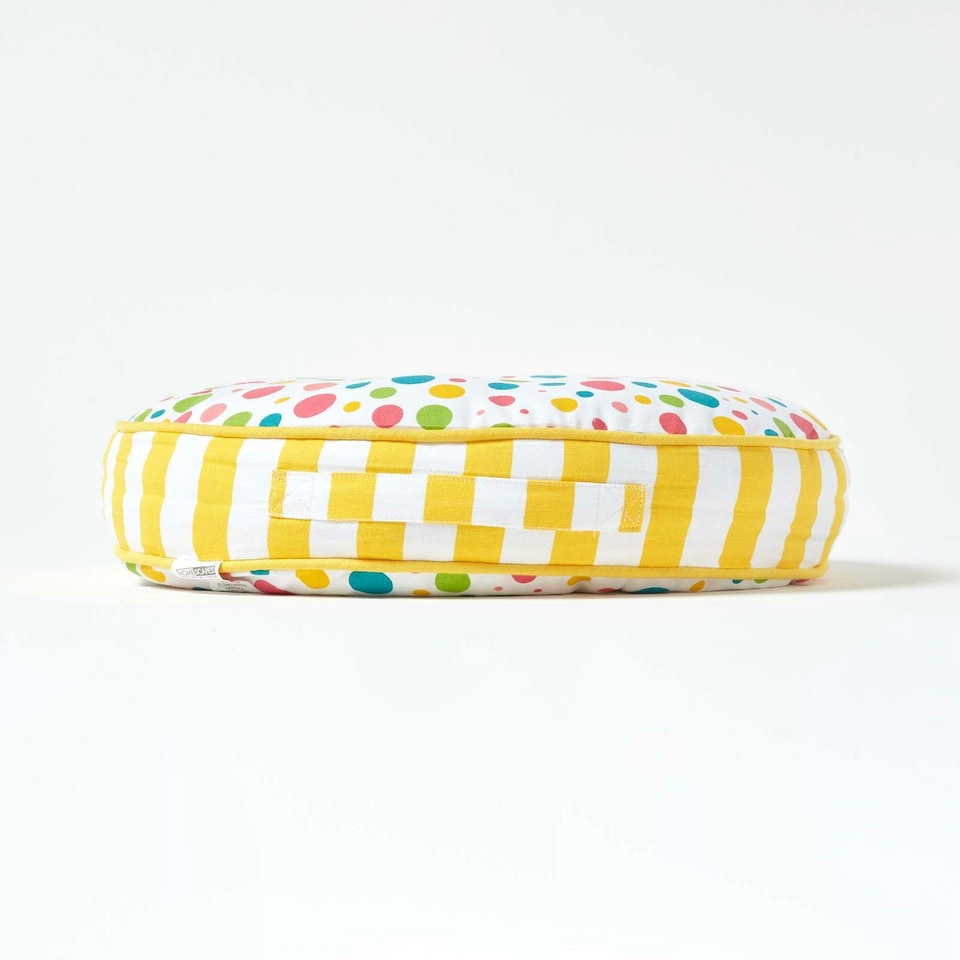 image 1 of Homescapes Multi Polka Dots & Yellow Stripes Round Floor Cushion Multi