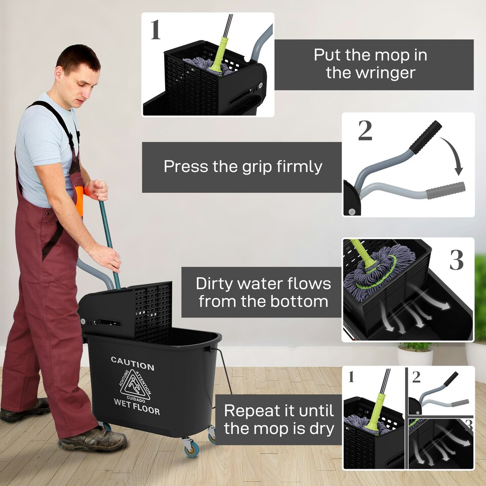 image 1 of HOMCOM 20L Compact Mop Bucket with Wringer on Wheels Black