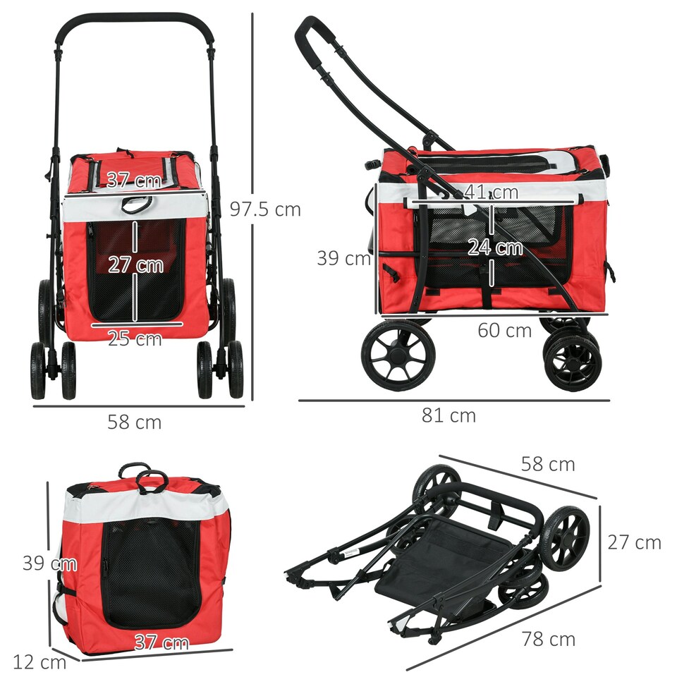 image 1 of PawHut Foldable Pet Stroller w/ Detachable Carrier, Soft Padding - Red