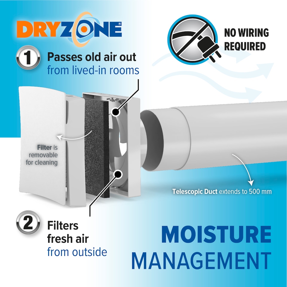 image 1 of Dryzone Telescopic Passive Wall Intake Vent Grille Kit x 2 pack (100 mm, White) Adjustable Airflow Condensation & Mould Control
