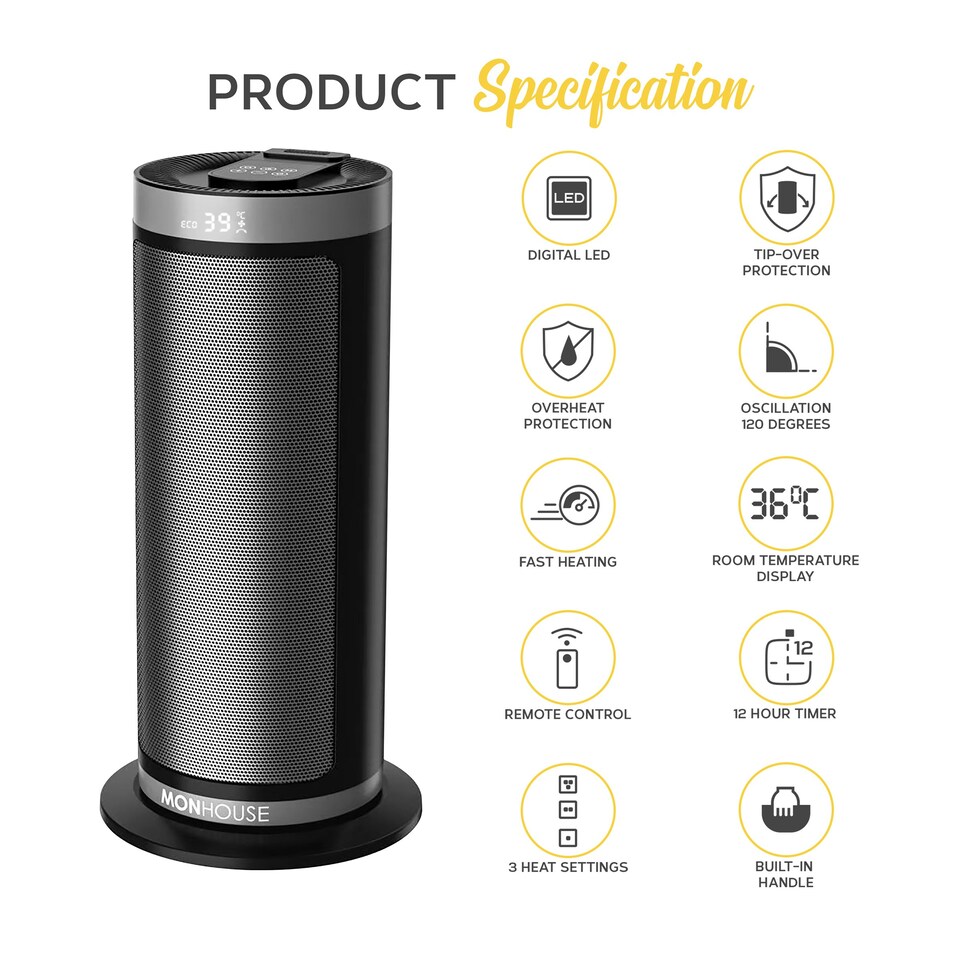 image 1 of MONHOUSE Electric Heater - Energy Efficient PTC Ceramic, Silent Portable Heater with LED Display, Remote Control, Overheat Protection, Smart Thermostat