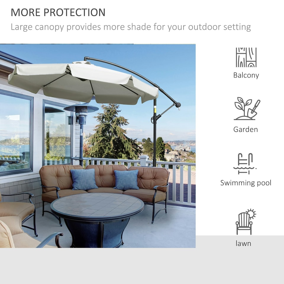 image 1 of Outsunny 2.7m Garden Cantilever Banana Parasol Sun Shade w/ Crank, Cream White