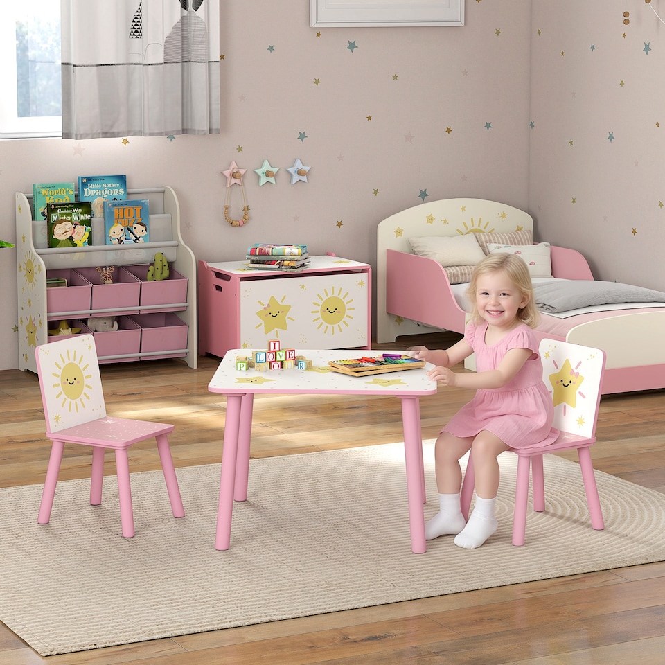 image 1 of AIYAPLAY 3-Piece Kids Table and Chair Sets, Kids Table with 2 Chairs Set Furniture with Star Pattern for Boys and Girls, Bedroom, Nursery, Playroom, Pink | Pink