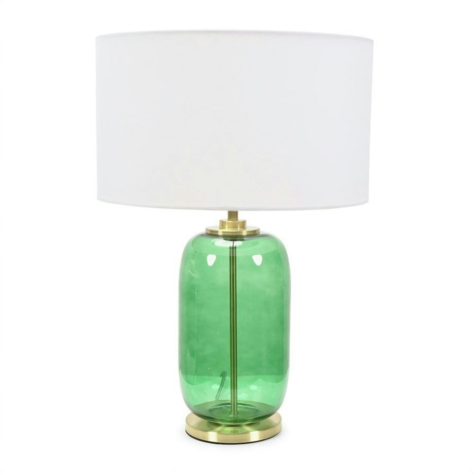 image 1 of ValueLights Leigh Forest Green Glass and Gold Detail Table Lamp with White Drum Shade | White