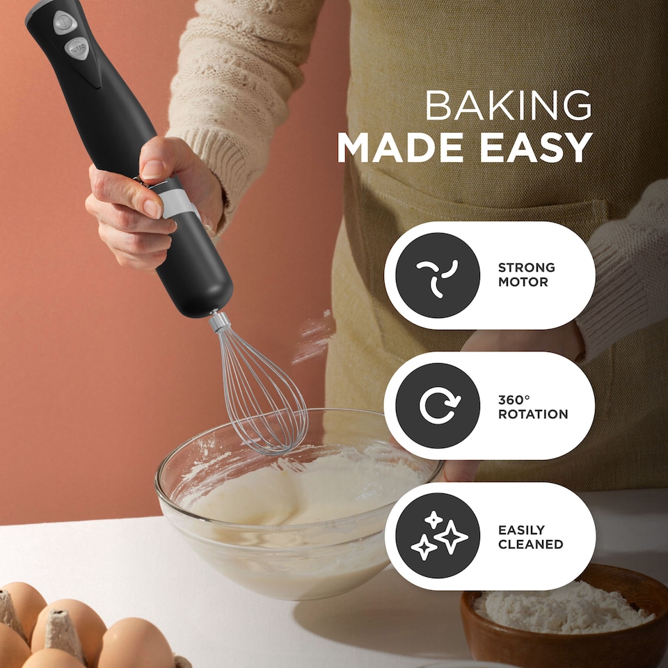 image 1 of DMD 5-In-1 Immersion Hand Blender Set, Fruit & Veg Mini Chopper & Whisk Attachment, Stainless Steel Cutting Edges, Compact Food Processor | Black