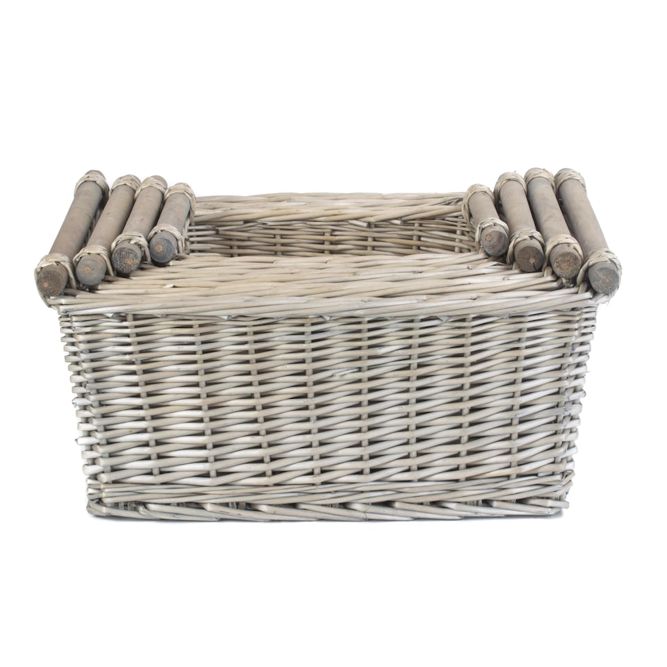 image 1 of Set of 4 Antique Wash Wooden Handled Wicker Storage Basket | Grey | Grey | Not provided