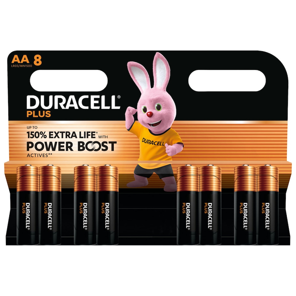 Duracell AA Plus Power Alkaline Batteries With Power Boost Actives, Pack of 8 | Black | AA | 8