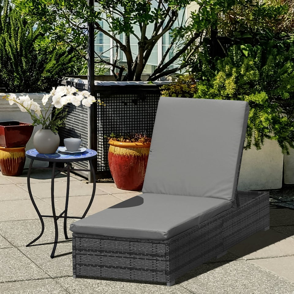 image 1 of Outsunny PE Rattan Sun Lounger, Five-level Adjustable Recliner Bed Chair with Soft Padded Cushion for Patio, Garden, Mixed Grey