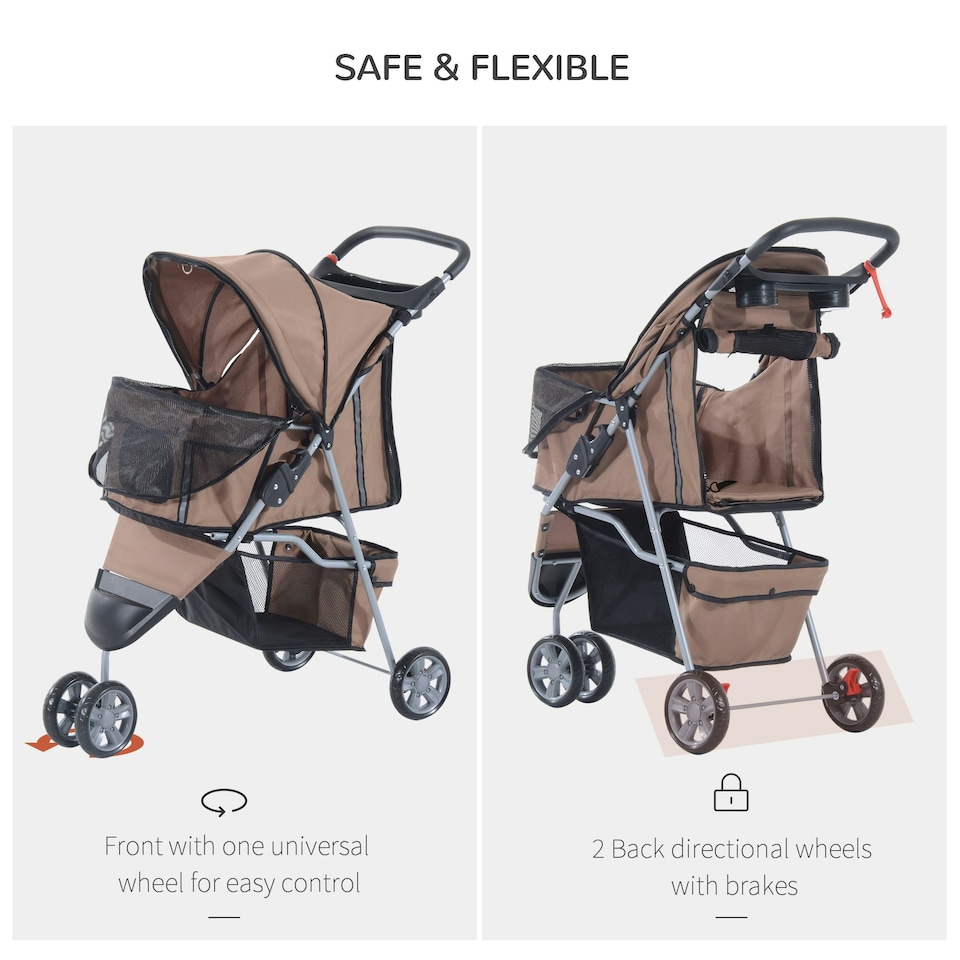 image 1 of PawHut Pet Stroller Pushchair Carrier for Cat Puppy with 3 Wheels Brown