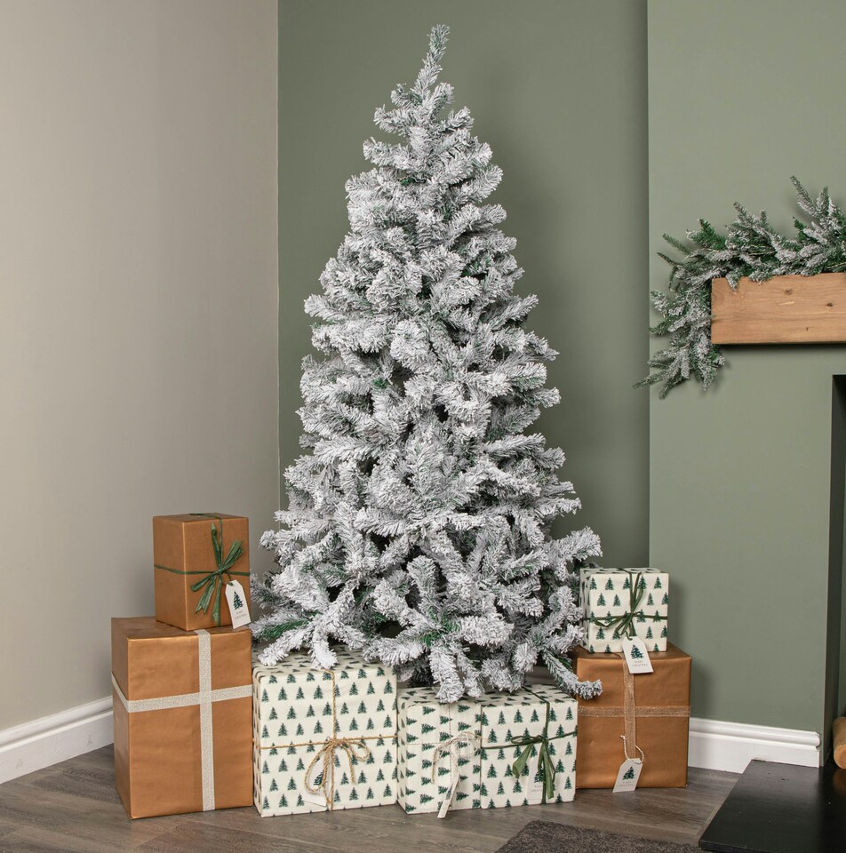 image 1 of 6ft (1.8m) Snow Flocked Artificial Christmas Tree with Green Metal Stand and 455 Tips