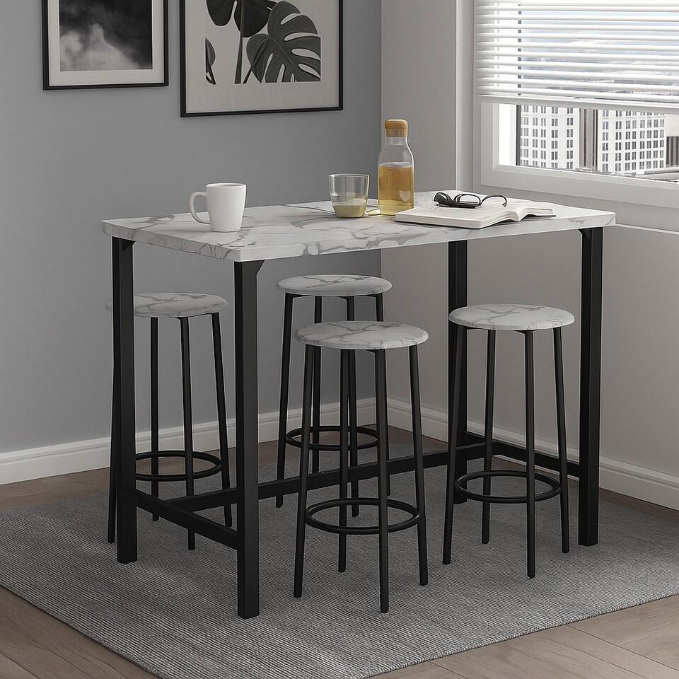 image 1 of CANCUN Bar Table & Stools Set Kitchen Dining Breakfast Industrial Furniture | Multi | 5 Piece White Marble