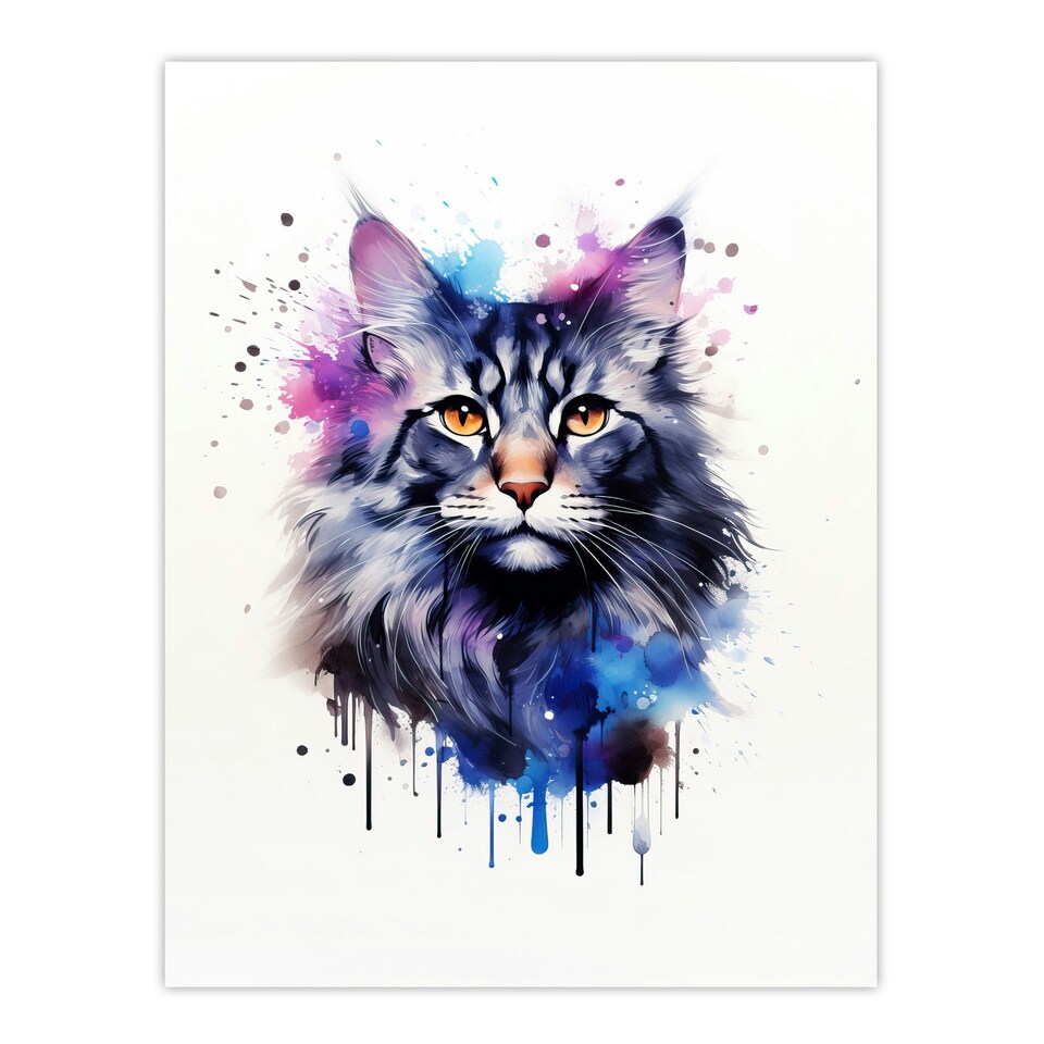 image 1 of Cat Maine Coon Watercolour Pet Portrait Black Framed Wall Art Print A4