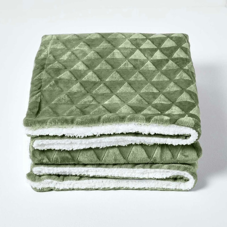 image 1 of Homescapes Sage Green Geometric Triangle Velvet Throw - 130 x 160 cm | Green