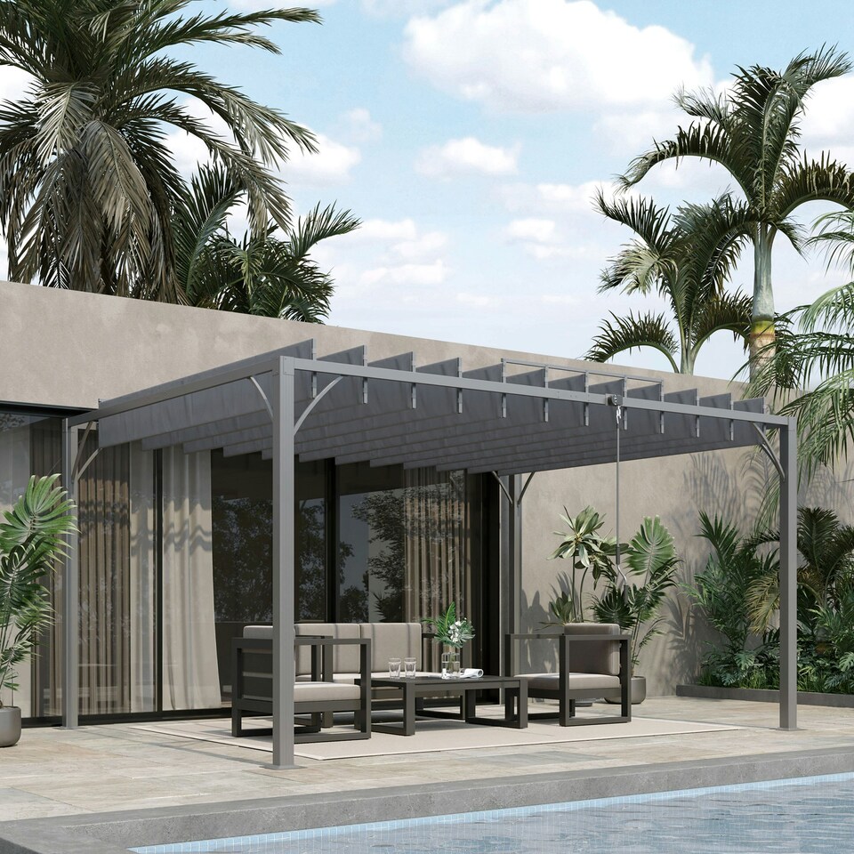 image 1 of Outsunny 4 x 3(m) Outdoor Louvered Metal Pergola with Retractable Roof, Grey