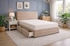 image 1 of Divan Bed Set Headboard and Footboard with Mattress 4ft6 Double Beige Suede Storage 2 Drawers Right Side Laying in Bed
