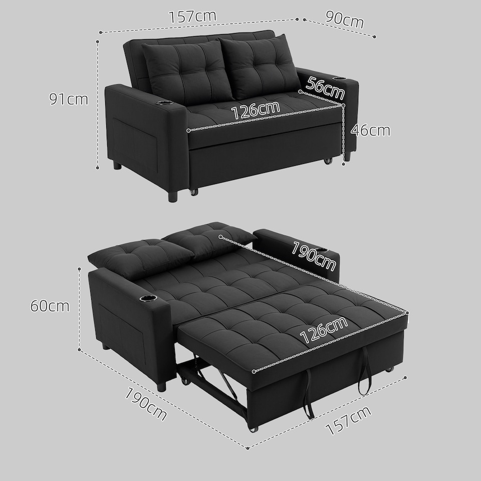 image 1 of HOMCOM 2 Seater Sofa Bed, Linen Click Clack Sleeper Sofa with Pull Out Design, 2 Pillows, Cup Holders, Side Pockets, Convertible Loveseat Bed Settee for Living Room, 157x190cm, Black
