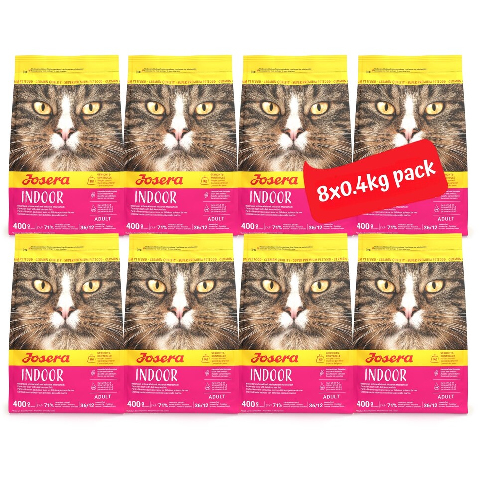 image 1 of Josera Indoor complete cat food | For sterilised or indoor adult cats | Grain-free | Lower calorie | Weight Management | Omega 3 | Urinary pH | 8x0.4kg