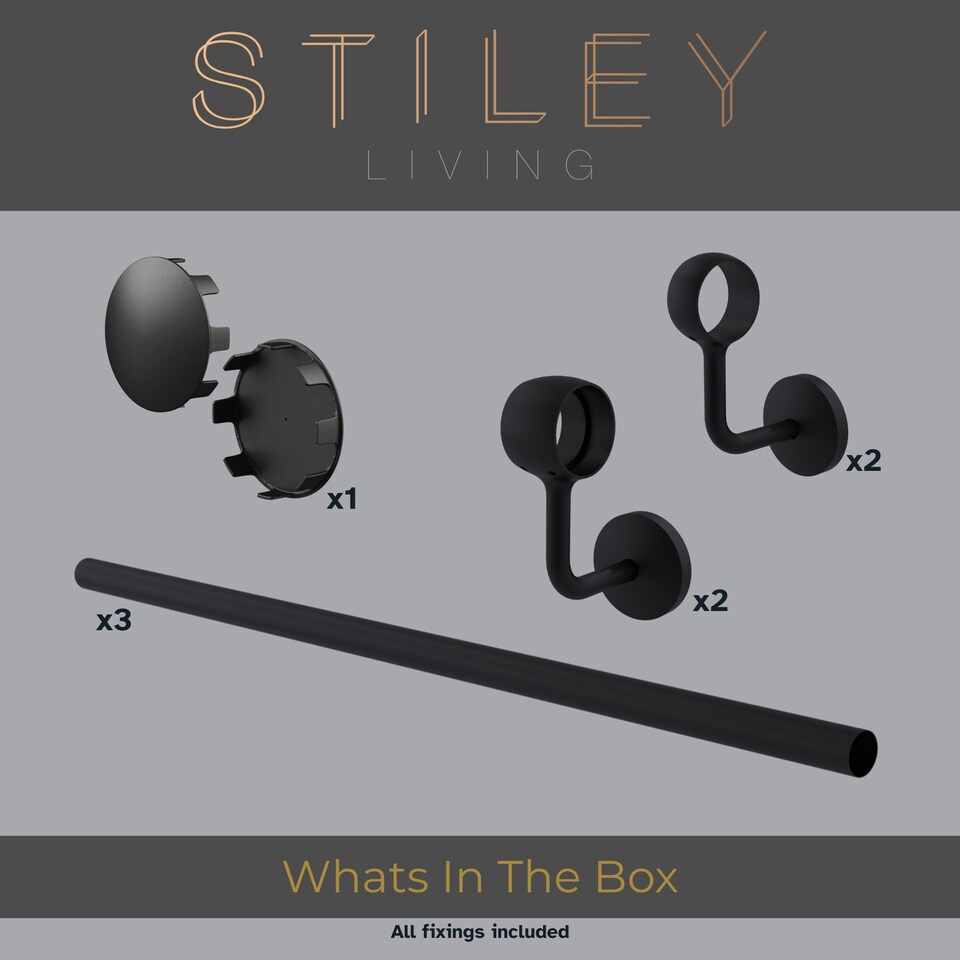 image 1 of Stiley Living 3.6m Matt Black Wall-Mounted Stair Handrail Kit with Brackets & Fixings