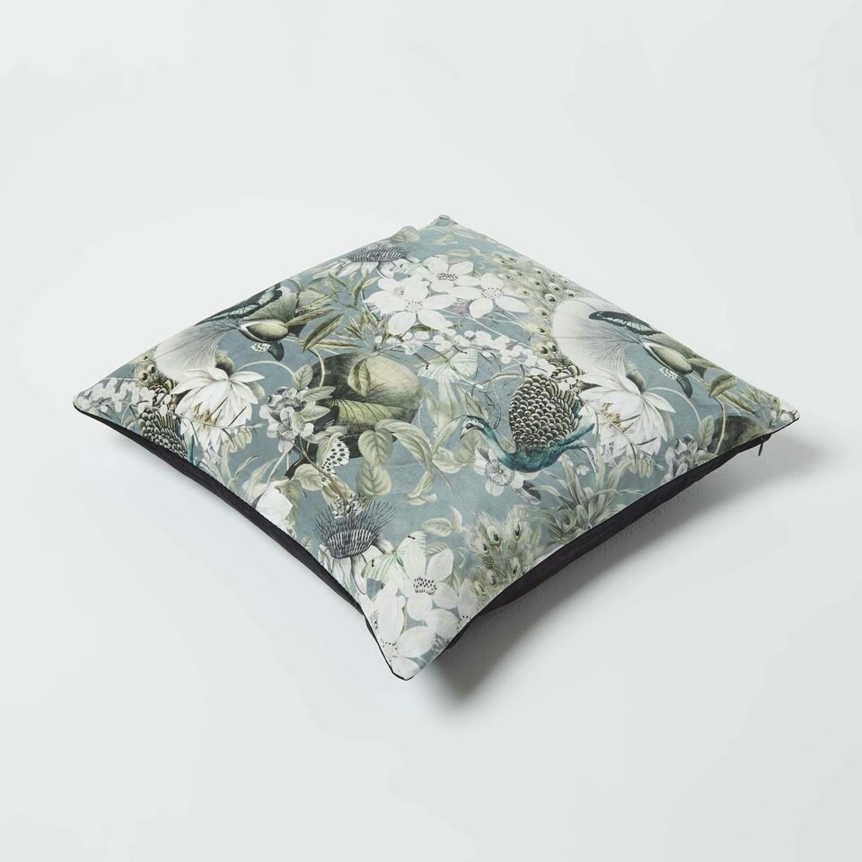 image 1 of Homescapes Floral Butterfly Garden Grey Velvet Filled Cushion - 46 x 46 cm | Grey | Grey, Black | 1