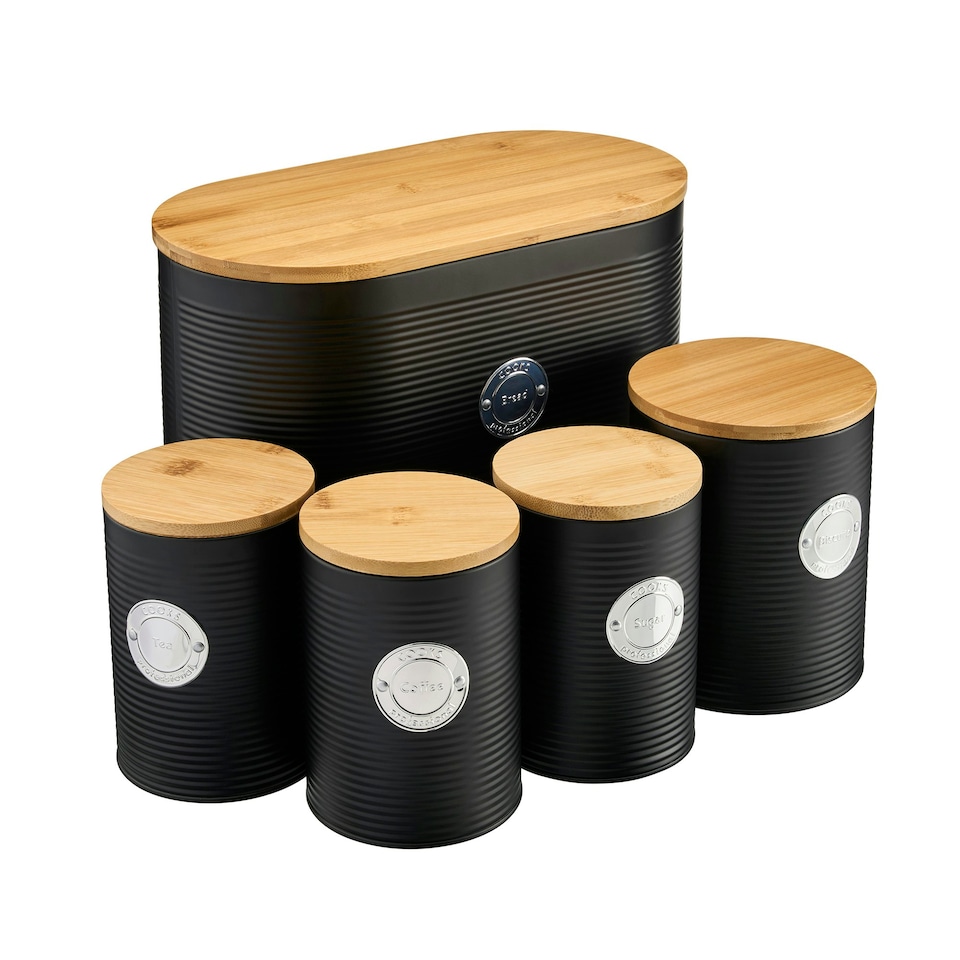 image 1 of Cooks Professional 5 Piece Ribbed Tea, Coffee, Sugar, Biscuit & Bread Cannisters with Bamboo Lids