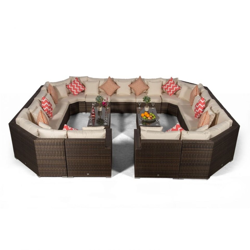 image 1 of Santorini Modular 13 Seat Rattan Conversation Set With 2 Coffee Tables Brown | Ivory