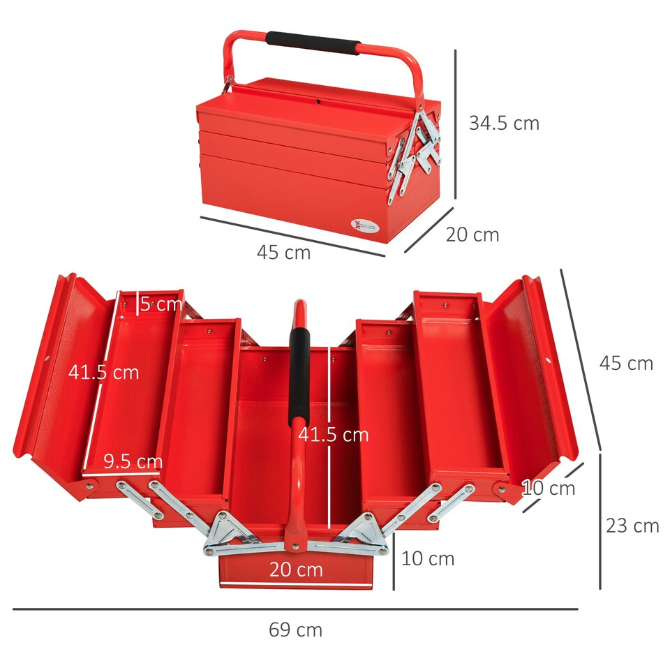 image 1 of DURHAND 3 Tier Metal Toolbox with 5 Tray Carry Handle 45cmx20cmx34.5cm Red Red