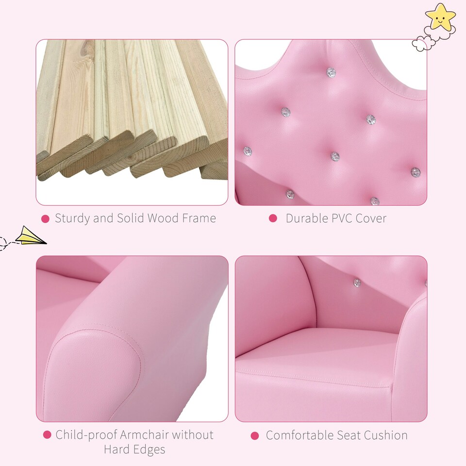 image 1 of HOMCOM Kids Sofa Set, 2PCs Crown-Themed Child Armchair with Ottoman, Pink