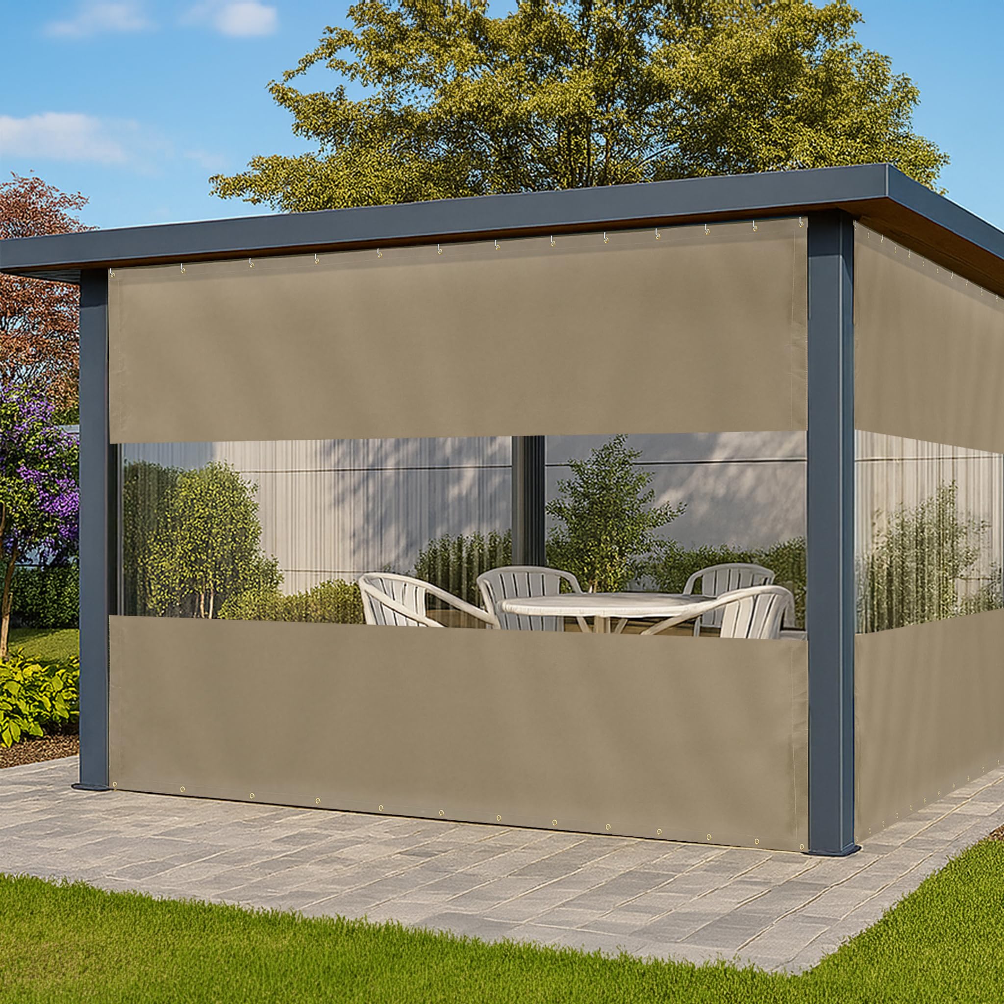 Covers&All Outdoor Clear Panel Curtain, Outdoor Curtains for Patio, Waterproof & Weather Resistant Tarp, 5 x 7 ft, Beige