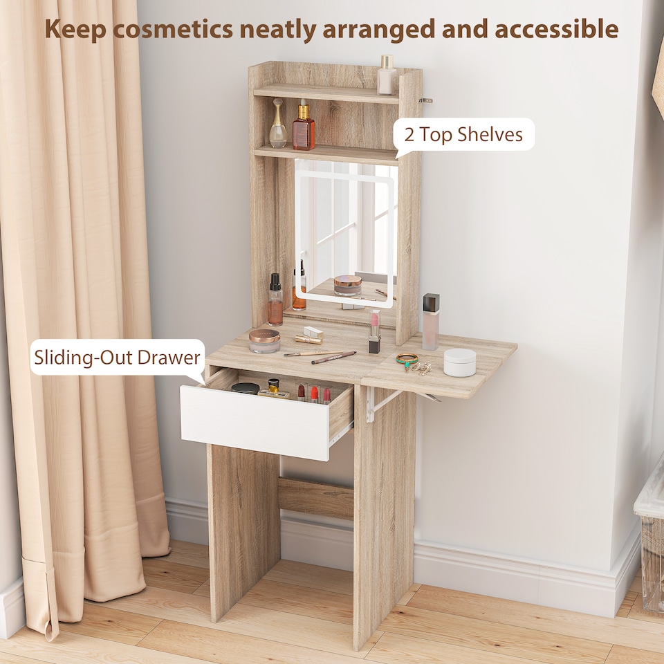 image 1 of HOMCOM Compact Dressing Table with Lighted Mirror Open Shelves Drawer | Brown