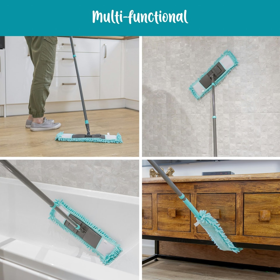 image 1 of JVL Super-Absorbent Chenille Extendable Flat Floor Mop, Turquoise