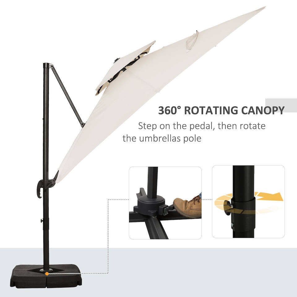 image 1 of Outsunny 360 Degree Cantilever Parasol Roma Umbrella with Base Weight, Beige | White | Beige