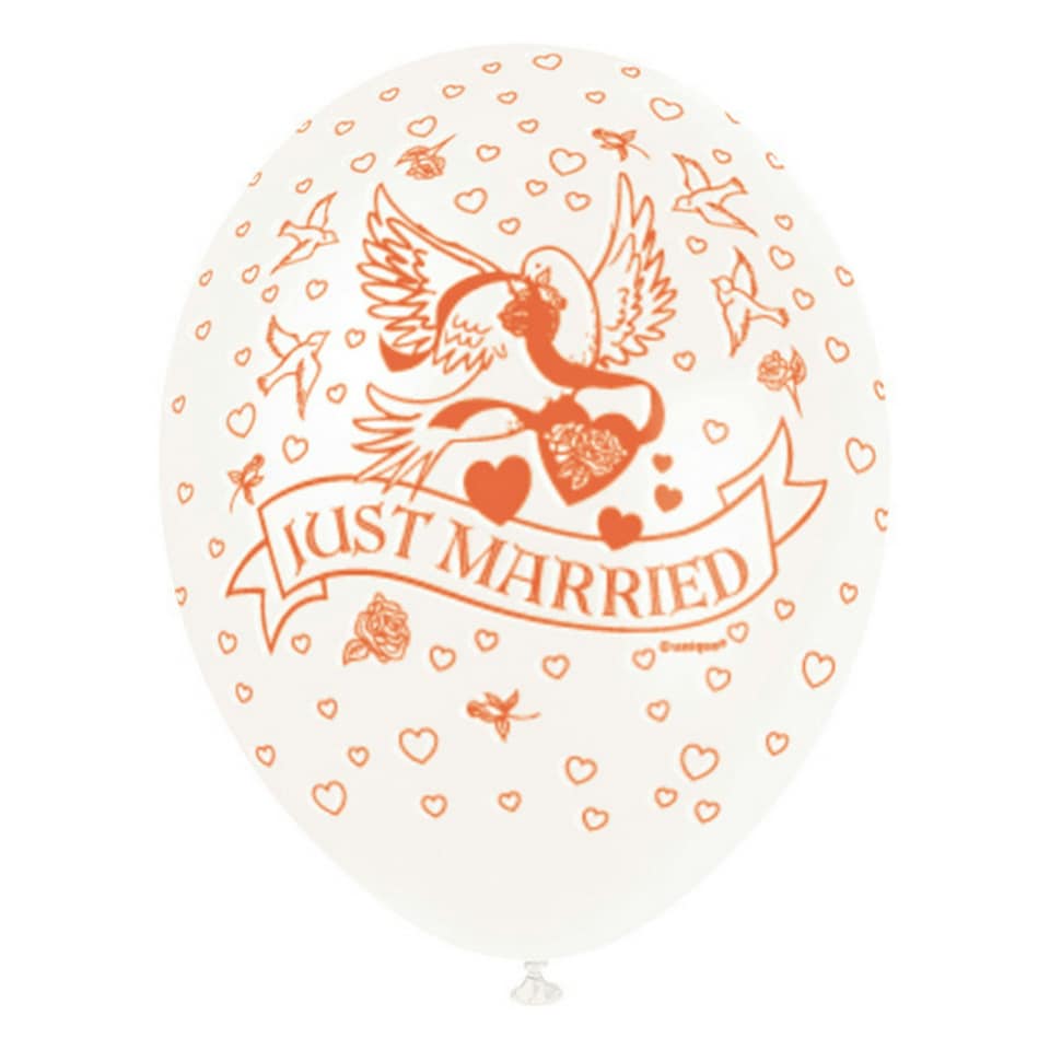 Unique Party 12 Inch Just Married Latex Balloon - White/Orange - Five Packs (25 balloons)