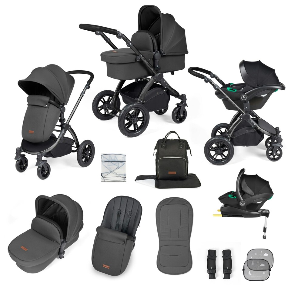 image 1 of Stomp Luxe 12pc Travel System with Stratus i-Size Car Seat & ISOFIX Base, Carrycot, Reversible Seat, Rain Cover & More (Black/Charcoal Grey/Black)