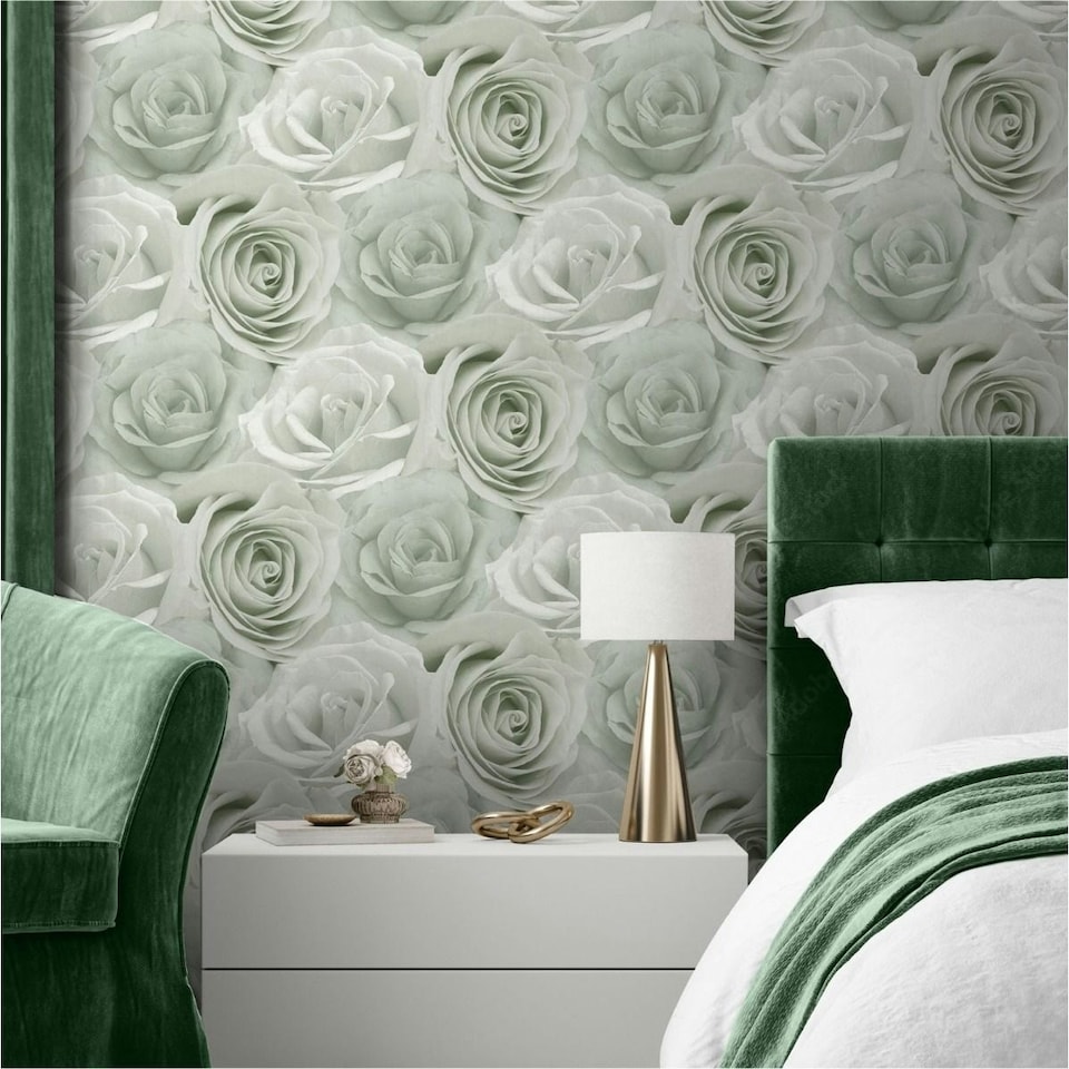 image 1 of World Of Wallpaper Melany Rose Wallpaper - Sage Green - 10m x 53cm | Green