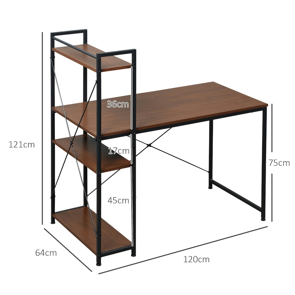image 1 of HOMCOM Computer Desk Laptop Table w/4-tier Bookshelf Metal Frame Walnut, Black
