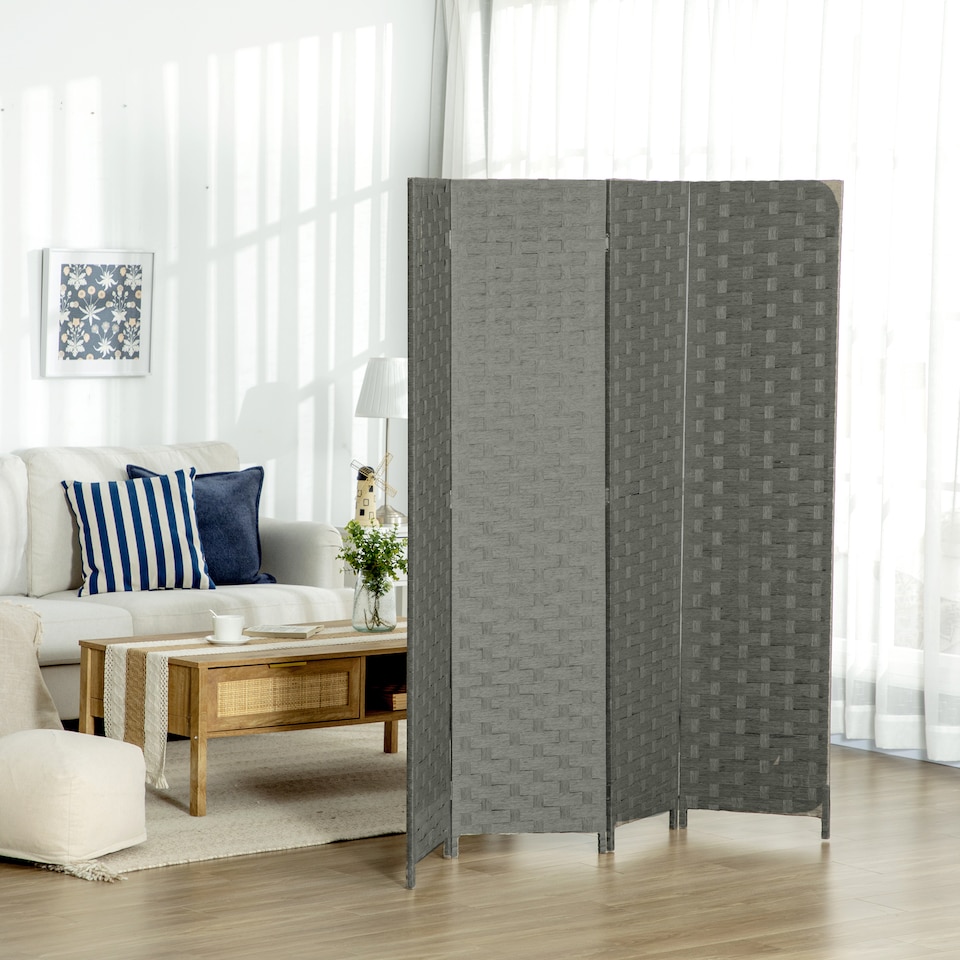 image 1 of HOMCOM 4-Panel Room Dividers, Wave Fibre Freestanding Folding Privacy Screen Panels, Partition Wall Divider for Indoor Bedroom Office, 170 cm, Grey