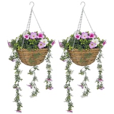 HOMCOM Set of 2 Artificial Silk Azalea Flowers, Hanging Planters with Basket, FauPlants for Home Indoor Outdoor Decor, Pink and White