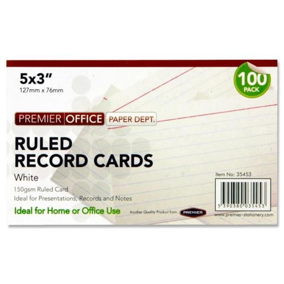 Pack of 100 5"x3" Ruled White Record Cards by Premier Office