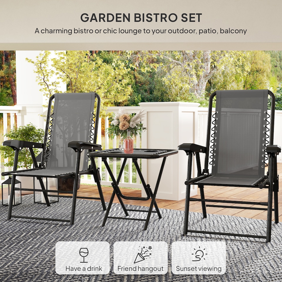 image 1 of Outsunny 3 Pieces Folding Garden Bistro Set with Cup Holders, Dark Grey