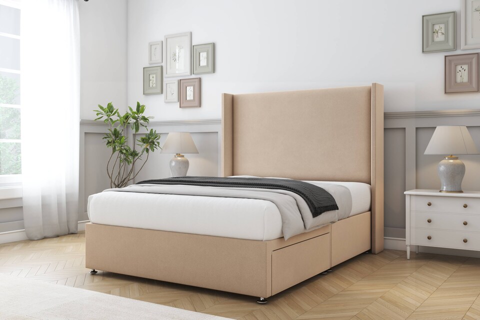 image 1 of Sloomy Devonshire Pebble Plush Divan Bed Base 2 Drawers Foot-End With 54 Inch Wingback Headboard | Brown | Pebble | King | 1