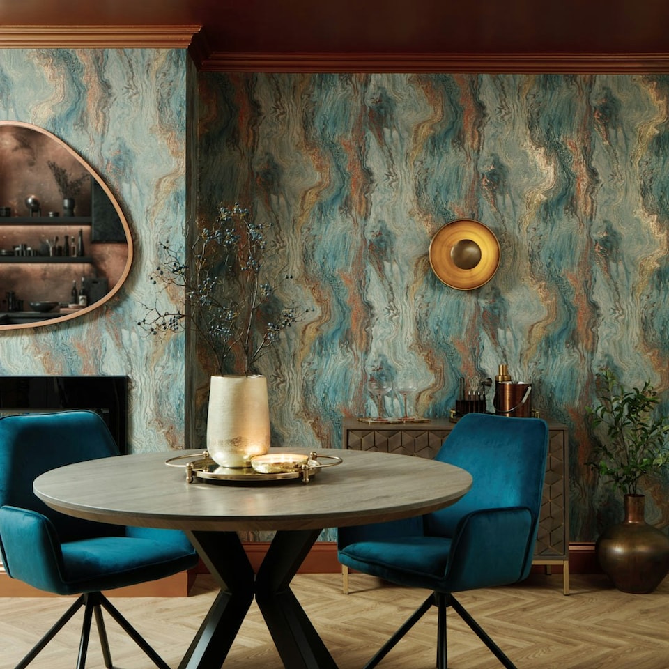 image 1 of Etna Metallic Wallpaper in Blue and Gold Multi
