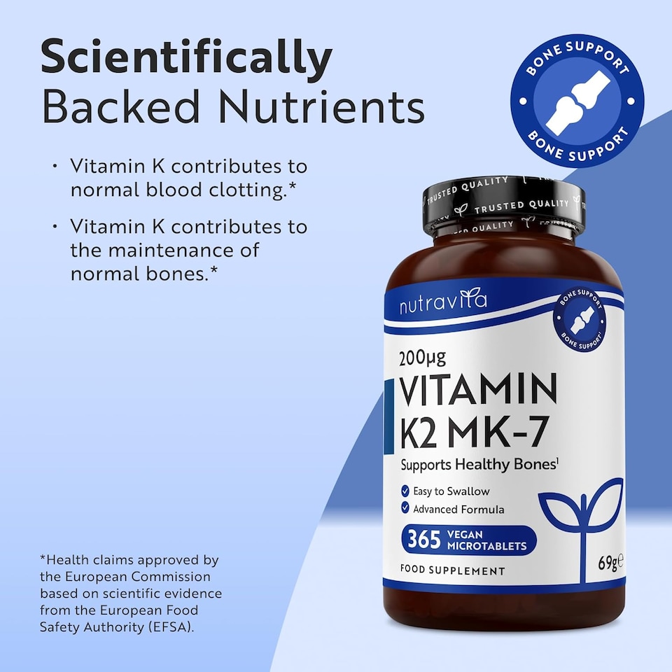 image 1 of Nutravita Vitamin K2 MK 7 200mcg - Supports Maintenance of Normal Bones - High Strength Menaquinone MK7 - Made in The UK - 365 Vegan Micro Tablets